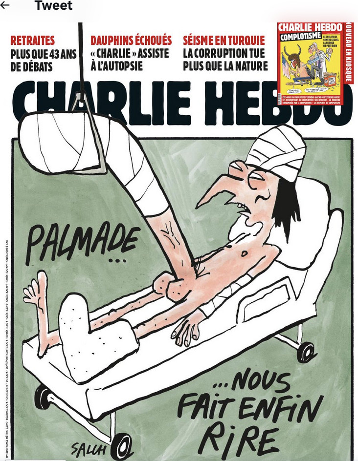 La UNE de Charlie Hebdo de ce mercredi 15 février 2023, avec une allusion aux addictions de Pierre Palmade, alcool, drogue et sexe! C'est vraiment triste...