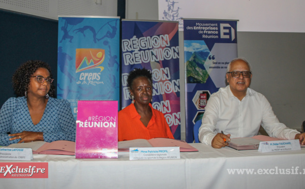 Catherine Lafosse, présidente du conseil d'administration du Creps, Patricia Profi, vice-présidente de la Région, et Didier Fauchard, président du Medef Réunion, ont signé la convention