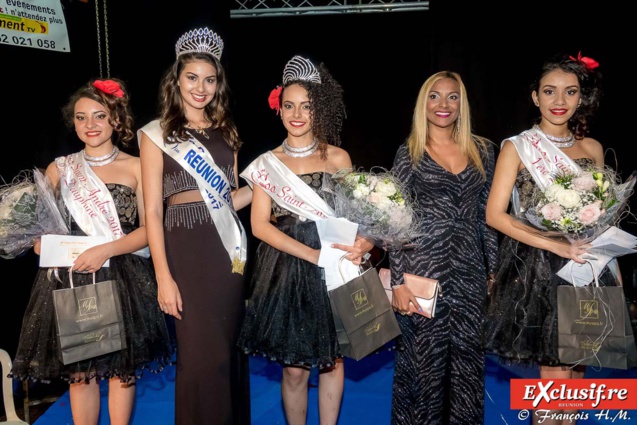 Fabiola Maranaho, 2ème dauphine, Ambre N'guyen, Lisa Bègue, Miss Saint-André 2017, Ketty Sarane, et Alexandra Victoria, 1ère dauphine