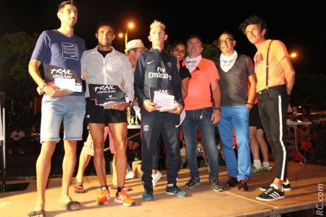 Le podium des masculins dans l'ordre : Mickaël Chamand, Romain Anglade et Didier Hiarau