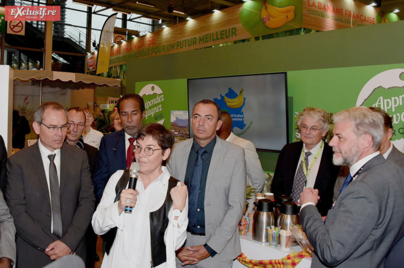 Visite d'Annick Girardin, Ministre des Outre-mer. Sur le stand de l'ODEADOM, avec à droite le nouveau directeur, Jacques Andrieu. Entourant la Ministre, Serge Hoareau, vice-président du Départemant, et Frédéric Vienne, président de la Chambre d'Agriculture de La Réunion