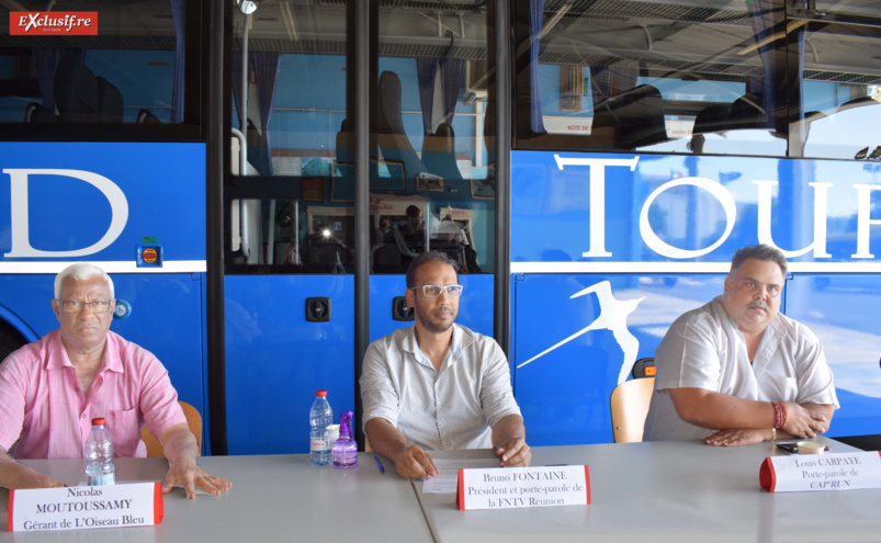 Nicolas Moutoussamy, gérant de L'Oiseau Bleu, Bruno Fontaine, président de la FNTV, et Louis Carpaye, porte-parole FNTV