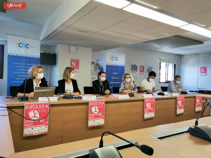 Nathalie Bourcier, présidente Odysséa Réunion, Nathalie Ho-Pun-Cheung, directrice communication groupe CRC, Viviane Ben Hamida, conseillère départementale, Fabienne Couapel, conseillère régionale, Luc Bizouerne, directeur Run Odysséa, et Jean Marie Delgard, directeur Fondation Crédit Agricole