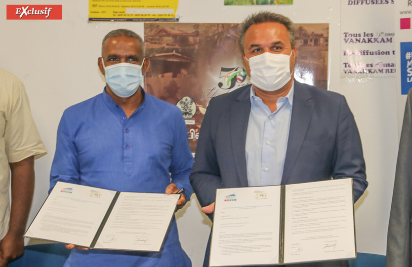 Jean-Luc Amaravady, président de la Fédération Tamoule de La Réunion, et Didier Robert, président de la Région, déclaration commune signée! Jean-Luc Amaravady, président de la Fédération Tamoule de La Réunion, et Didier Robert, président de la Région, déclaration commune signée!