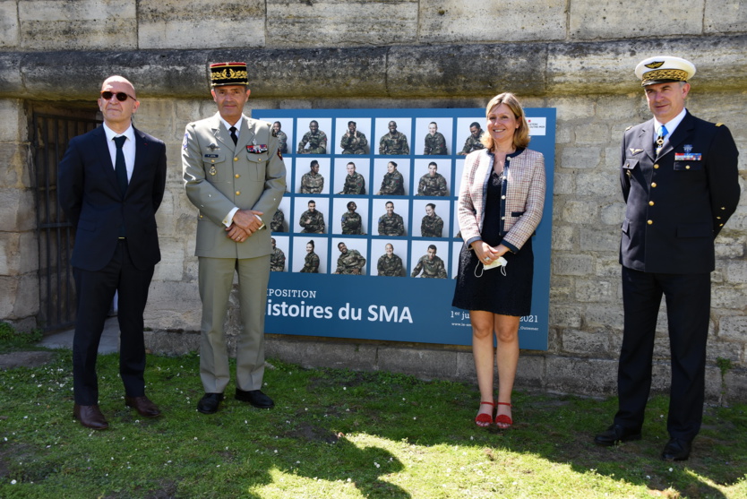 Philippe Gustin, directeur de cabinet du ministre des Outre-mer, général Thierry Laval, commandant du SMA, Yéël Braun-Pivet, présidente de la Commission Lois à l'Assemblée Nationale, et Eric Autellet, Major général des armées