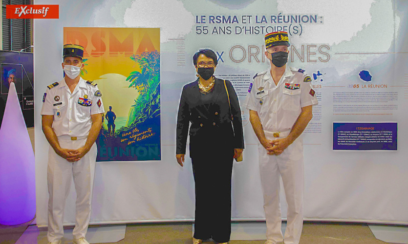 Colonel Julien Maurel, chef de corps du RSMA Réunion, Béatrice Sigismeau, vice-présidente du Département, et général Thierry Laval, commandant du SMA Colonel Julien Maurel, chef de corps du RSMA Réunion, Béatrice Sigismeau, vice-présidente du Département, et général Thierry Laval, commandant du SMA