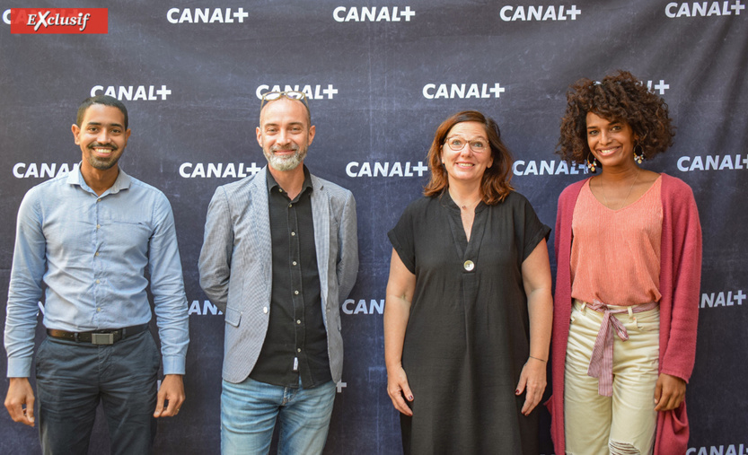 Kevin Cerveaux (Région Réunion), Stéphane Négrin (DAC Réunion), Samantha Nahama (Canal+ Réunion), et Louiz (artiste)