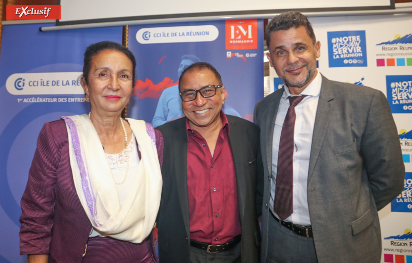 Huguette Bello, présidente de la Région, Ibrahim Patel, président de la CCIR, et Mr Legros, représentant du Rectorat Huguette Bello, présidente de la Région, Ibrahim Patel, président de la CCIR, et Mr Legros, représentant du Rectorat