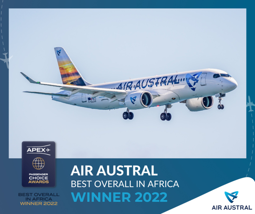 Air Austral "meilleure compagnie d'Afrique" aux Trophées Apex Passenger Choice 2022 Air Austral "meilleure compagnie d'Afrique" aux Trophées Apex Passenger Choice 2022