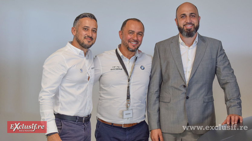 Ridwane Barabhai et Christian Beurard, Product Genius BMW, et Damien Vally, directeur des ventes Leal Réunion