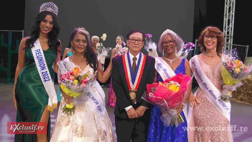 Marion Marimoutou, Miss Réunion 2022, Jacqueline Narin, 1ère dauphine, André Thien Ah Koon, maire du Tampon, Reine-Claude Nimba, Mamie Réunion 2023, et Rose May Ephrem, 2ème dauphine