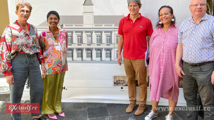 Marie-Jo Lo-Thong, directrice des Affaires Culturelles Océan Indien, Ericka Bareigts, maire de Saint-Denis, Stéphane Barbotin, architecte, Sonia Bardinot, élue déléguée à la Culture, et Jean-François Hoarau, 1er adjoint et délégué aux travaux