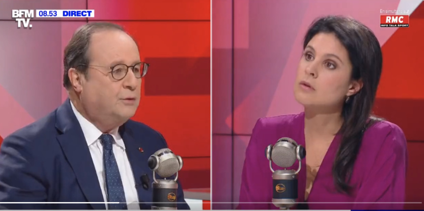 François Hollande interviewé par Apolline de Malherbe sur RMC, diffusion en simultané sur BFMTV