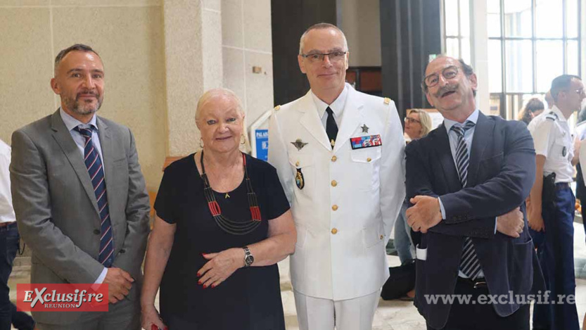 Frédéric Turblin, directeur de la CAF Réunion, Aude Palant Vergoz, général Pierre Poty, commandant de la Gendarmerie de La Réunion, et Joaquin Cester, directeur régional des Finances Publiques