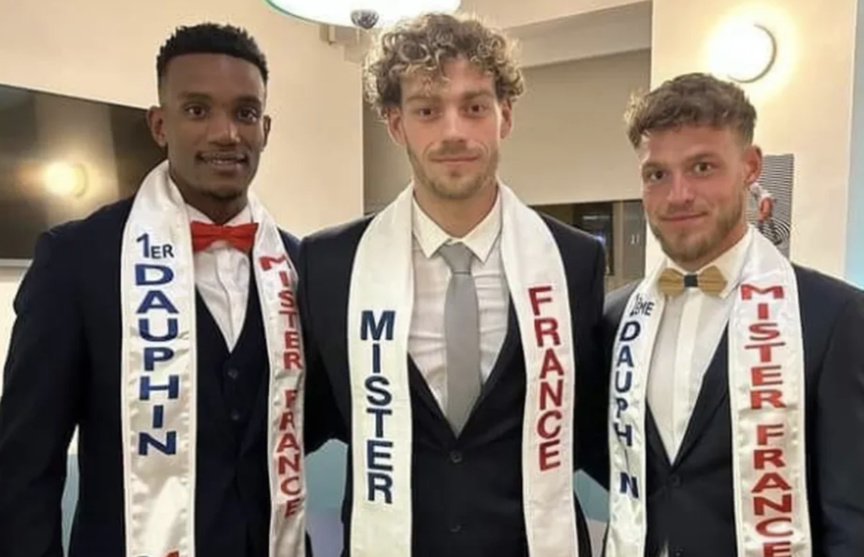 Djassim Ahamada (Mayotte), 1er dauphin, Lisandre Van Muylders (Corse), Mister France 2023, et Maxime Vitez (Nord-Pas-de-Calais), 2ème dauphin