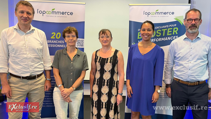 Philippe Huguenin-Génie, délégué général Opcommerce, Damienne Verguin, directrice DEETS La Réunion, Véronique Allais, vice-présidente Opcommerce, Anne-Laure Hoarau-Araye, déléguée territoriale Opcommerce, et Philippe Banse, président Opcommerce Philippe Huguenin-Génie, délégué général Opcommerce, Damienne Verguin, directrice DEETS La Réunion, Véronique Allais, vice-présidente Opcommerce, Anne-Laure Hoarau-Araye, déléguée territoriale Opcommerce, et Philippe Banse, président Opcommerce