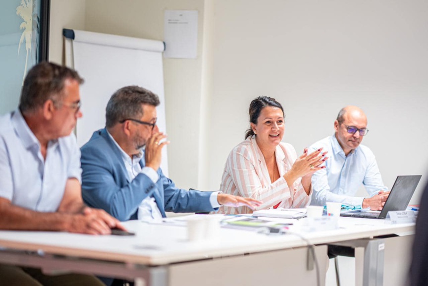 Patrick Serveaux, président de l'UMIH et vide-président de l'IRT, Patrick Lebreton, président de l'IRT, Susan Soba, directrice de l'IRT, et Raoul Vincent, responsable des études IRT