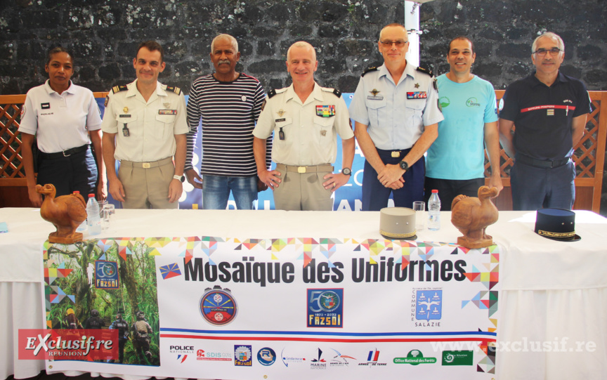 Lors de la présentation de la manifestation, avec notamment le Général Laurent Cluzel commandant les FAZSOI et le Général Pierre Poty, commandant la Gendarmerie de la Réunion.