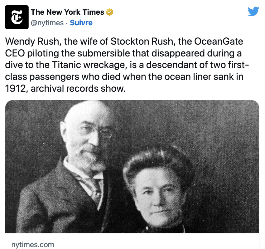 Isidor et Ida Straus, morts "bras dessus bras dessous" dans le naufrage du "Titanic" en 1912 (photo Twitter New York Times)