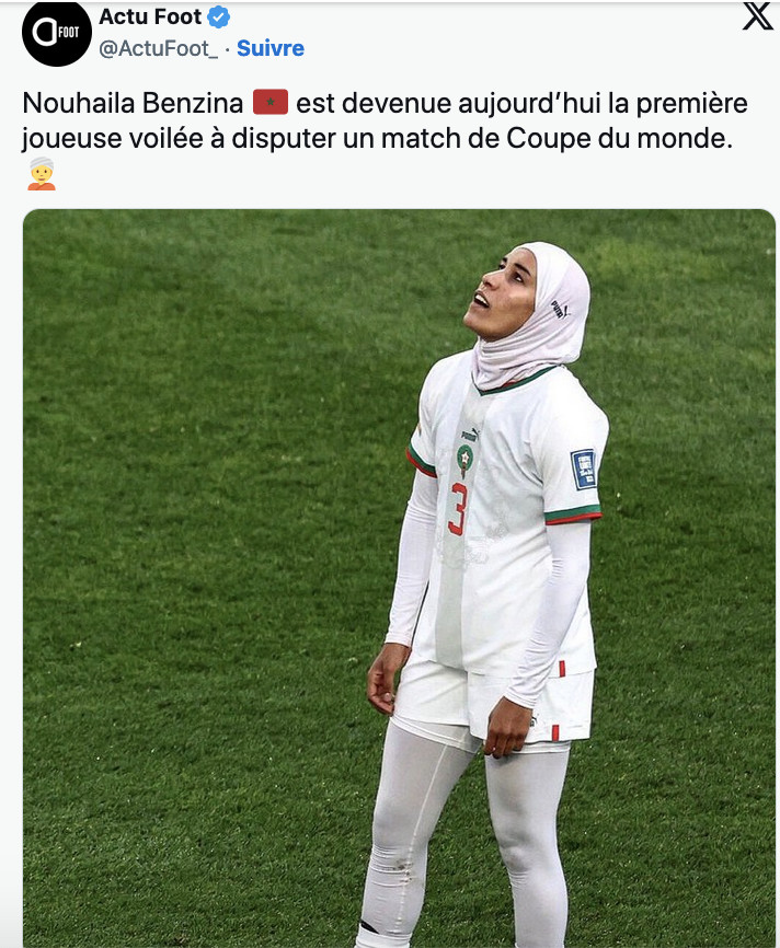 Nouhaila Benzina, joueuse de foot voilée (photo Twitter Actu Foot) Nouhaila Benzina, joueuse de foot voilée (photo Twitter Actu Foot)