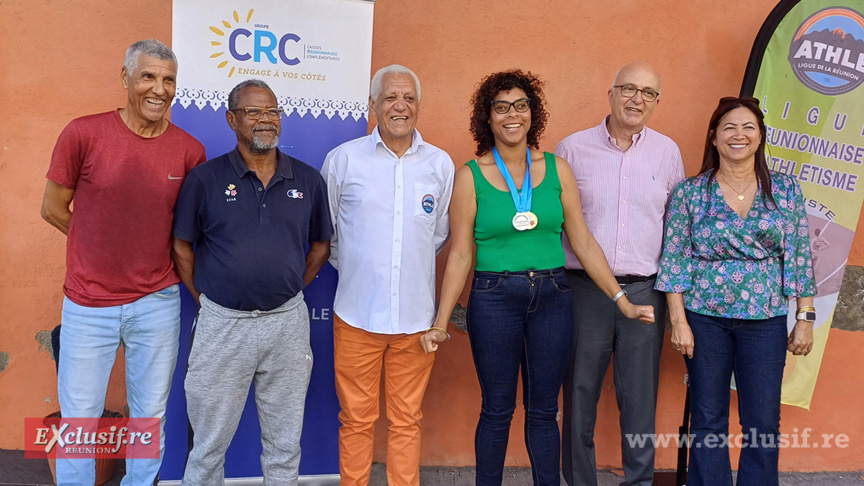 Jean-Louis Prianon, secrétaire général de la LRA, Georges-Marie Nacoulivala, du Sport Adapté,  Jean-Claude Prianon, président de la LRA, Margaret Gustave, championne de France du 200m, Thierry Benbassat, directeur général de la CRC, et Annie Amacouty, DTR du Comité Régional Handisport