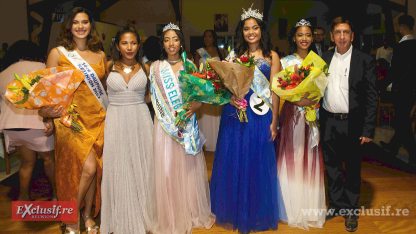 Les lauréates avec Tarah Mourdjee, Tahiry Ny Aina Foltezr, présidente du comité d'organisation Miss Diaspora Malagasy de La Réunion, et Aziz Patel