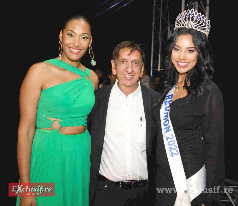 Aziz Patel entouré de deux Miss Réunion avec 20 ans d'écart, Stéphanie Tapé (2002), et Marion Marimoutou (2022)