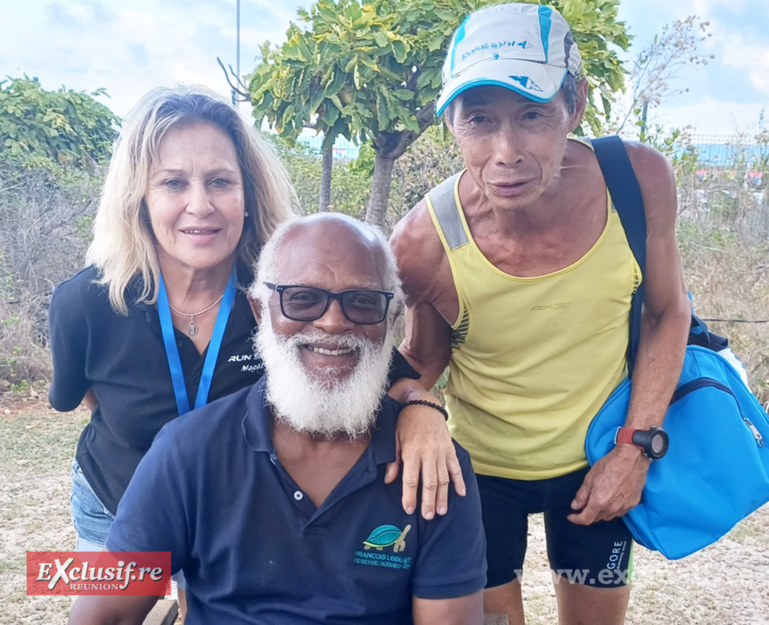 Marlène Chane See Chu, Aurèle André, «père» du Trail de Rodrigues, et Philippe Laï Cheung Kit Marlène Chane See Chu, Aurèle André, «père» du Trail de Rodrigues, et Philippe Laï Cheung Kit