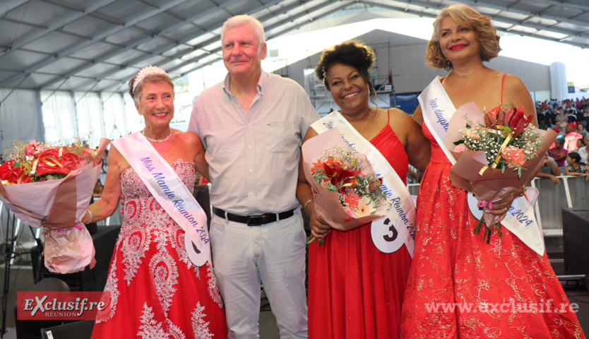 Hélène Mutie-Chevalier, Miss Mamie Réunion 2024, Jacquet Hoarau, 1er adjoint au maire du Tampon, Stella Raynaud, 2ème dauphine, et Isabelle Jacquemart, 1ère dauphine