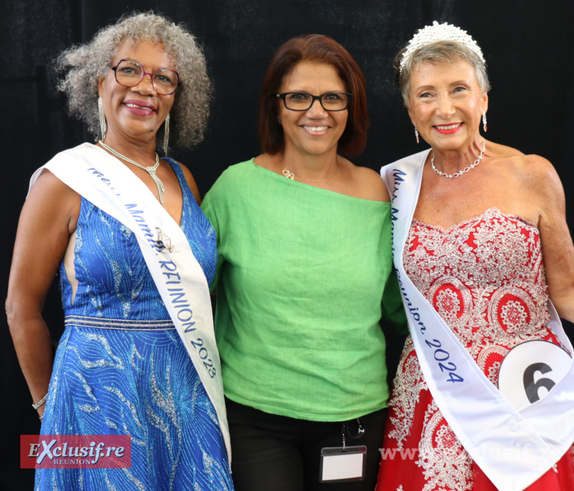 Corine Lebon, responsable du Protocole Mairie du Tampon, entourée par deux Miss Mamie Réunion, Reine-Claude Nimba (2023), et Hélène Mutie-Chevalier (2024)