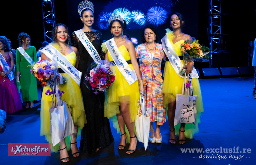 Cécilia Técher, 2ème dauphine, Mélanie Odules, Miss Réunion 2023, Hérine Lafable, Miss Plaine des Cafres 2023, Augustine Romano, adjointe au maire du Tampon, et Amandine Lauret, 1ère dauphine