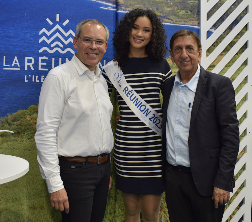 Serge Hoarau, Mélanie Odules, et Aziz Patel, délégué Miss France à La Réunion