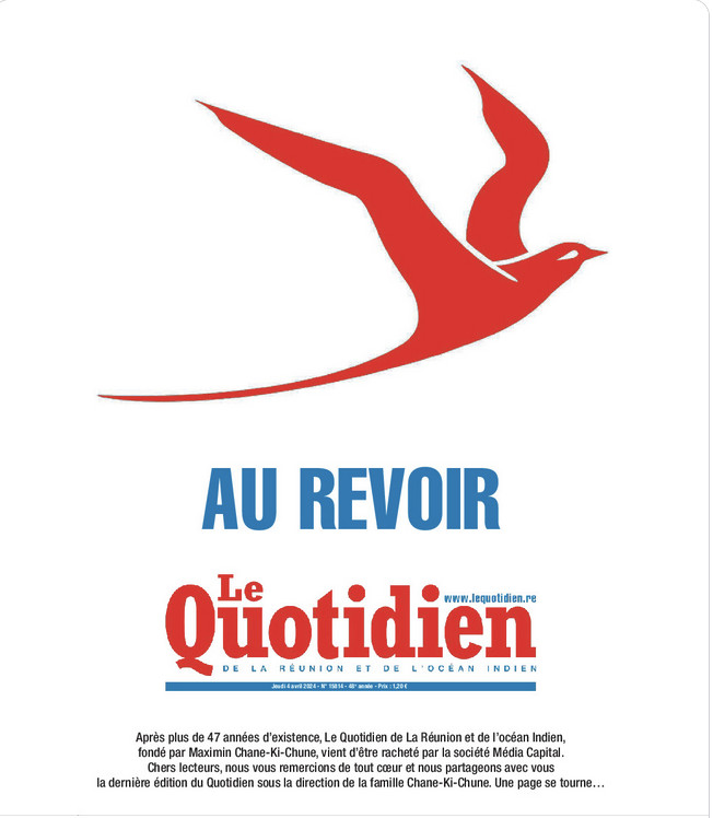 La dernière Une du Quotidien de l'ère Chane-Ki-Chune, est parue ce jeudi 4 avril, un numéro historique. Le Quotidien va renaître de ses cendres prochainement avec MCR... La dernière Une du Quotidien de l'ère Chane-Ki-Chune, est parue ce jeudi 4 avril, un numéro historique. Le Quotidien va renaître de ses cendres prochainement avec MCR...