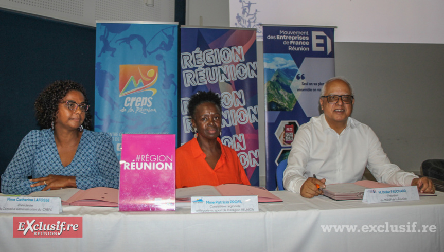 Catherine Lafosse, présidente du conseil d'administration du Creps, Patricia Profi, vice-présidente de la Région, et Didier Fauchard, président du Medef Réunion, ont signé la convention