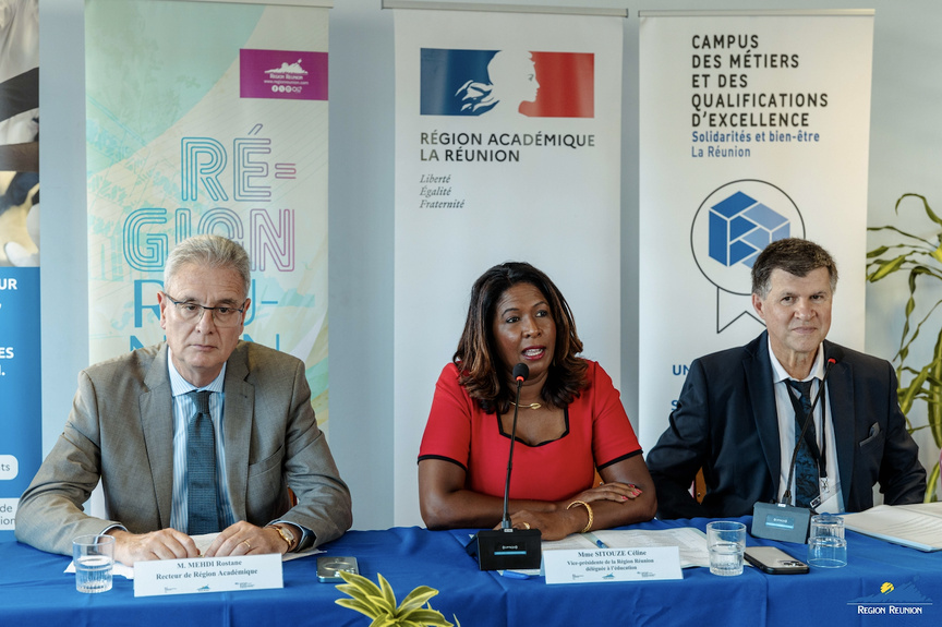 Rostane Medhi, recteur de l’Académie de La Réunion, Céline Sitouze, vice-présidente de la Région Réunion, déléguée à l’éducation, et Alain Bidegaimberry, directeur de ce Campus Rostane Medhi, recteur de l’Académie de La Réunion, Céline Sitouze, vice-présidente de la Région Réunion, déléguée à l’éducation, et Alain Bidegaimberry, directeur de ce Campus