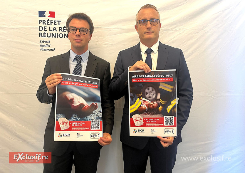 Vincent Bernard-Lafoucrière, directeur de cabinet du préfet, et Philippe-Alexandre Rebboah, président du SICR, présentent les nouvelles affiches de sensibilisation au danger Vincent Bernard-Lafoucrière, directeur de cabinet du préfet, et Philippe-Alexandre Rebboah, président du SICR, présentent les nouvelles affiches de sensibilisation au danger