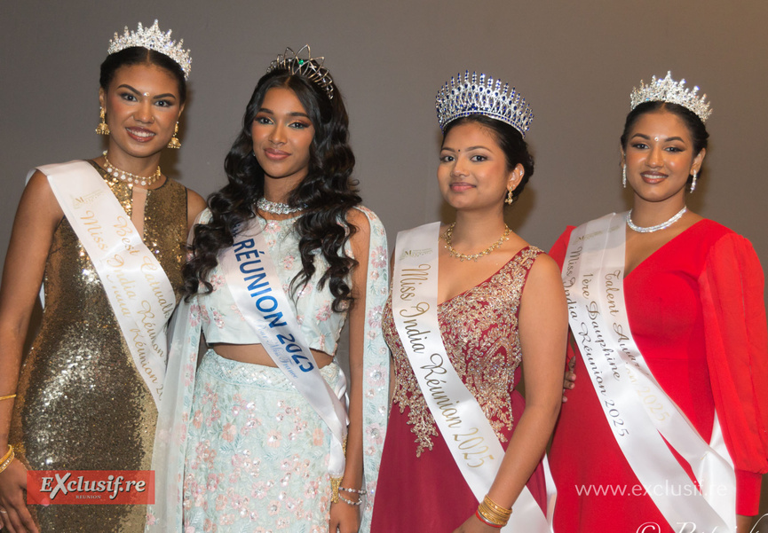 Kélya Victorine, 2ème dauphine, Priya Padavatan, Miss Réunion 2025, Eulaly Virama, Miss India Réunion 2025, et Safiyah Ojeerally, 1ère dauphine