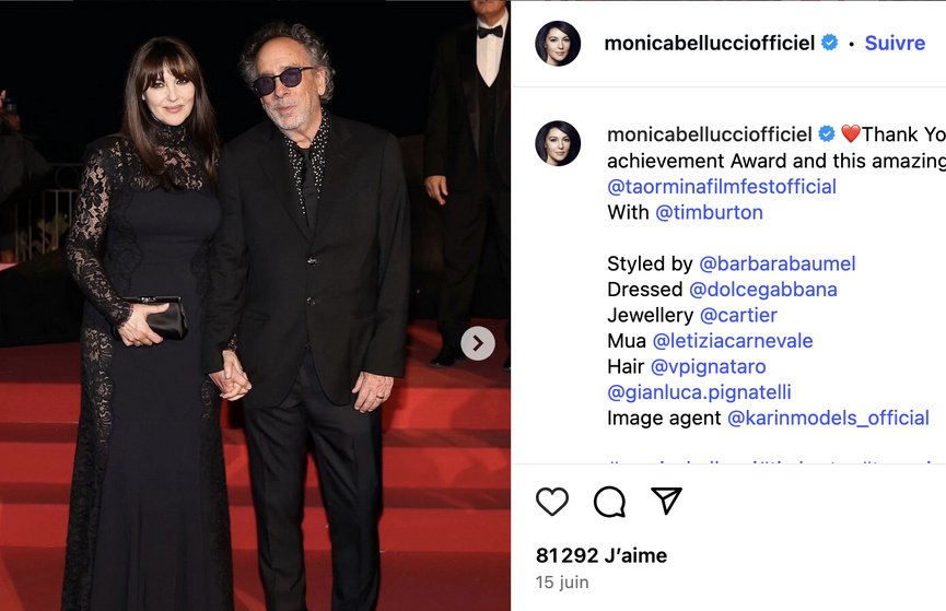 Monica Bellucci et Tim Burton, c'est fini! (photo Instagram) Monica Bellucci et Tim Burton, c'est fini! (photo Instagram)