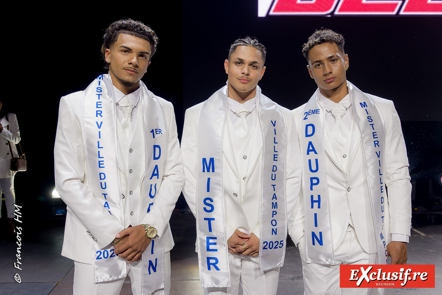 Evann Séry, 1er dauphin, Benjamin Carron, Mister Ville du Tampon 2025, et Jérémie Mouniama, 2ème dauphin Evann Séry, 1er dauphin, Benjamin Carron, Mister Ville du Tampon 2025, et Jérémie Mouniama, 2ème dauphin