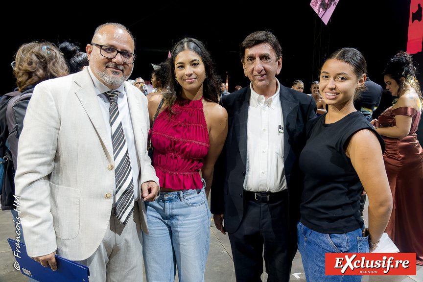 Frédéric Dijoux, l'animateur de la soirée, avec sa fille et et la copine de sa fille, et Aziz Patel Frédéric Dijoux, l'animateur de la soirée, avec sa fille et et la copine de sa fille, et Aziz Patel