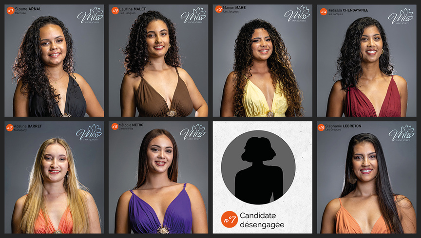Les 7 candidates Miss Saint-Joseph 2025. La 7ème candidate porte le numéro 8. Les 7 candidates Miss Saint-Joseph 2025. La 7ème candidate porte le numéro 8.