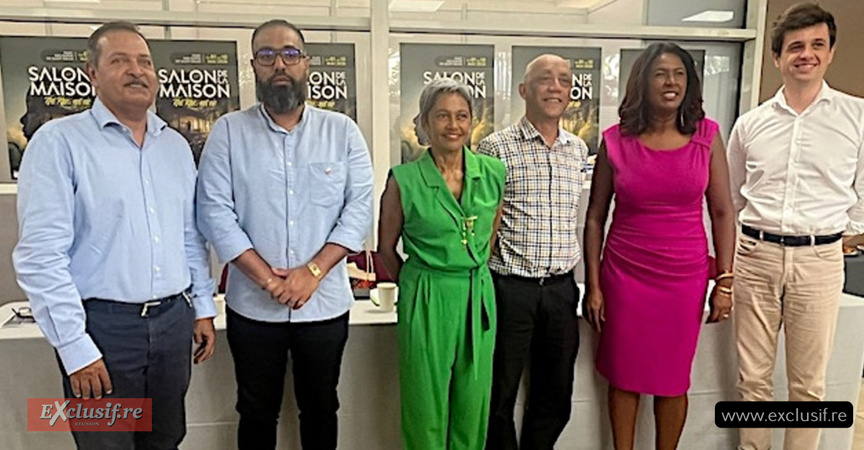 Mickael Martin, directeur général de la Nordev, Alexandre Laï-Kane-Chéong, maire de Sainte-Suzanne, Ericka Bareigts, maire de Saint-Denis, Jacques Lowinski, président de la Nordev et de la Cinor, Céline Sitouze, maire de Sainte-Marie, et Léo-Paul Hauser, directeur commercial Air France Réunion