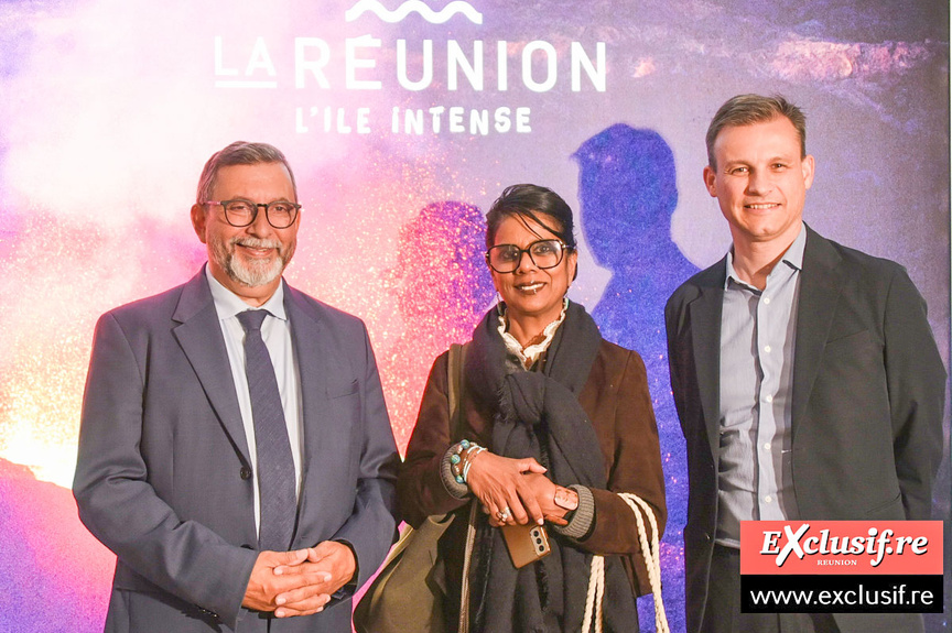 Patrick Lebreton en compagnie de X et de Marie-Christine Ponamalé, d'Outremer 360, et un invité