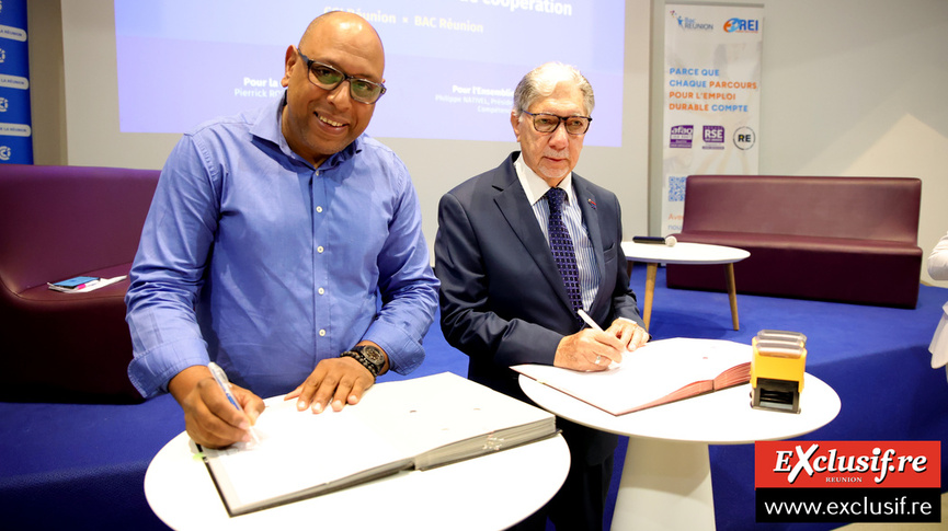 Pierrick Robert, président de la CCIR, et Philippe Nativel, président de BAC Réunion, lors de la signature de la convention