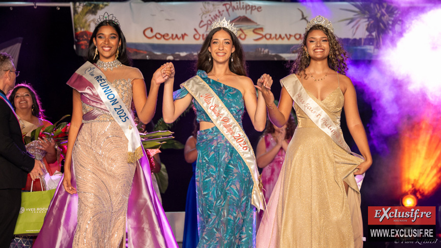 Priya Padavatan, Miss Réunion 2025, Lola Collet, Miss Saint-Philippe 2026, et Laurane Dijoux, Miss Saint-Philippe 2025