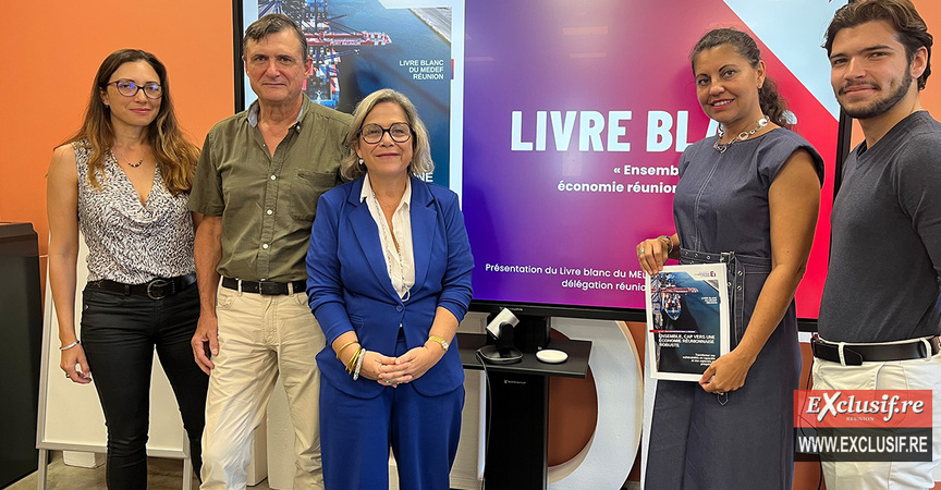 L'équipe Medef Réunion: Virginie Huet, déléguée générale, Jérôme Isautier, trésorier, Kathy Hoarau, présidente, Maryse Doki-Thonon, directrice de cabinet, et Mathis Sery, colllaborateur du pôle direction