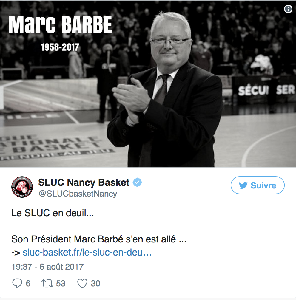 L'annonce sur la page du SLUC Nancy Basket