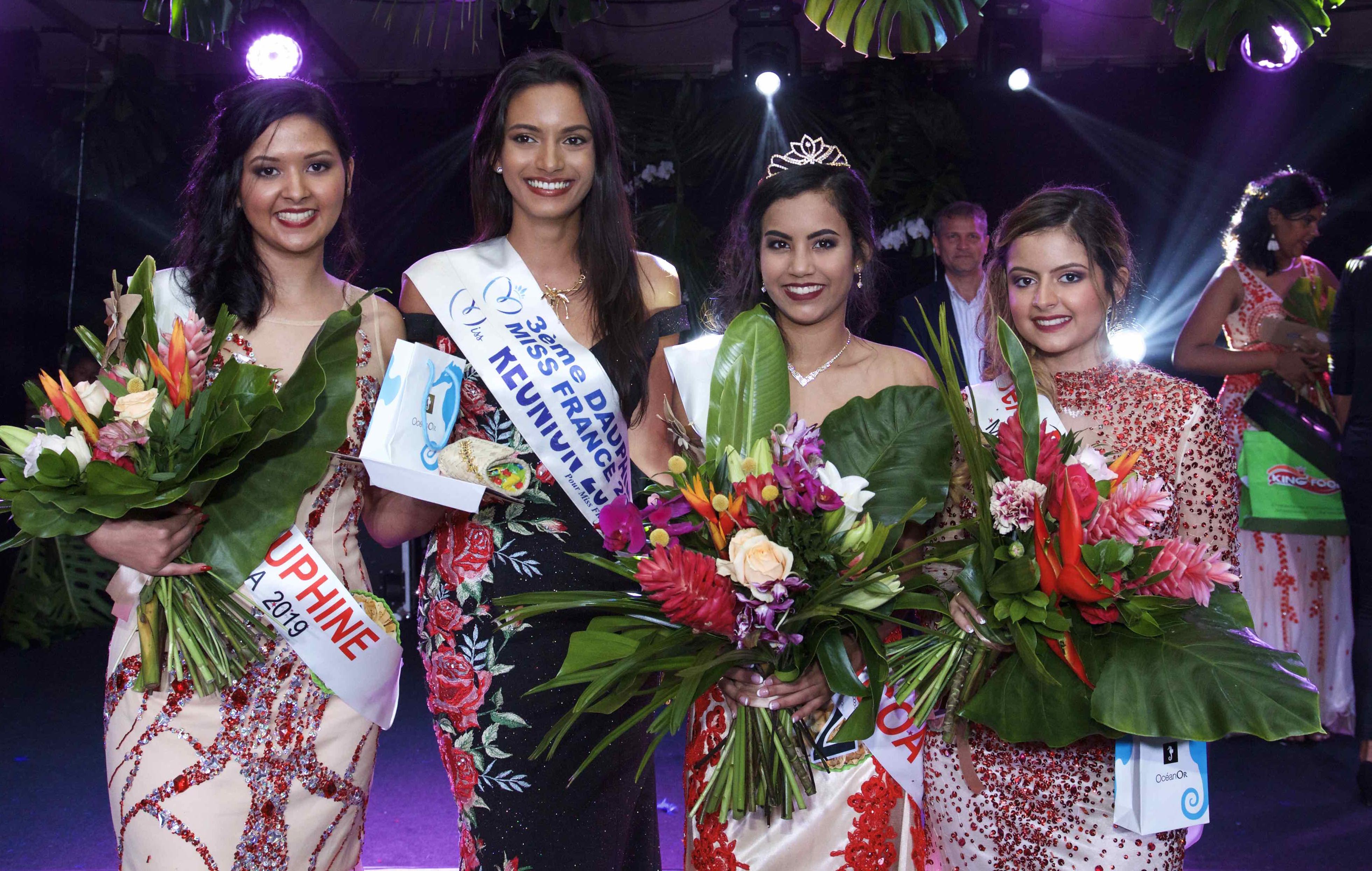 Gwendoline Fontaine, 2ème dauphine, Morgane Soucramanien, Miss Réunion 2018, Frideline Mouniama, Miss Vacoa 2019, et Flora Olivar, 1ère dauphine