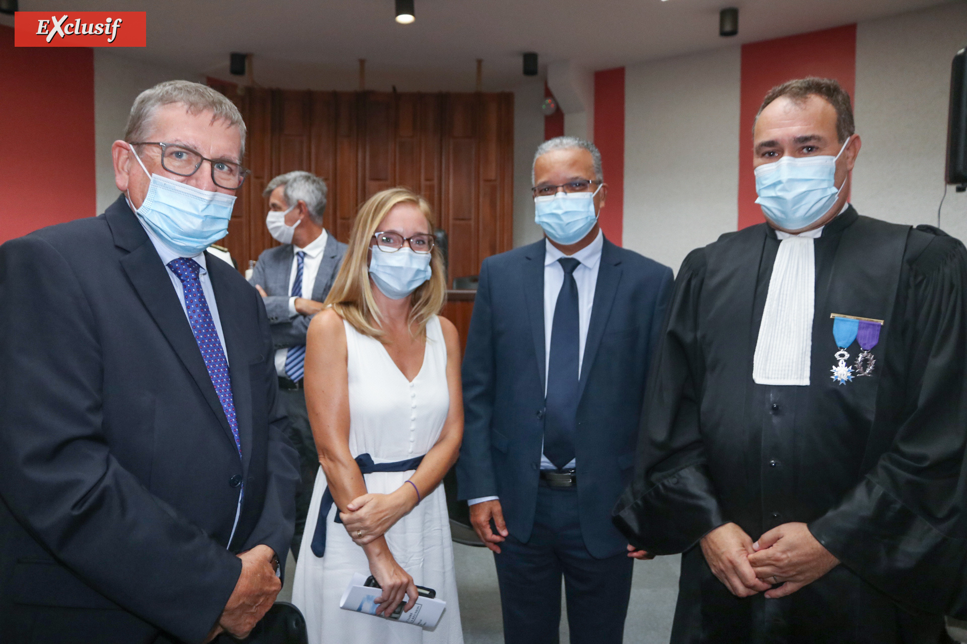 Dominique Fournel, vice-président de la Région, Caroline Calbo, procureure de la République de Saint-Pierre, Cyrille Melchior, président du Département, et Bruno Karl, président du Tribunal Judiciaire de Saint-Denis