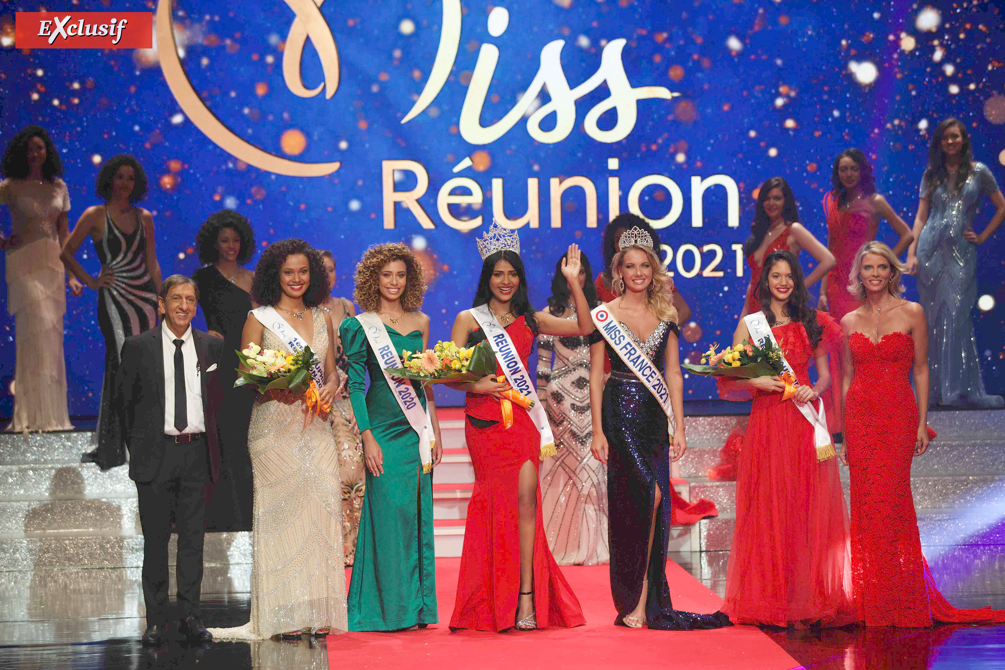 Aziz Patel, délégué régional Miss France, Tatiana Faubourg, 1ère dauphine, Lyna Boyer, Miss Réunion 2020, Dana Virin, Miss Réunion 2021, Amandine Petit, Miss France 2021, Aurore Payet, 2ème dauphine, et Sylvie Tellier, directrice générale Société Miss France